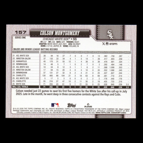 Colson Montgomery RC 2026 Topps Rookie White Sox