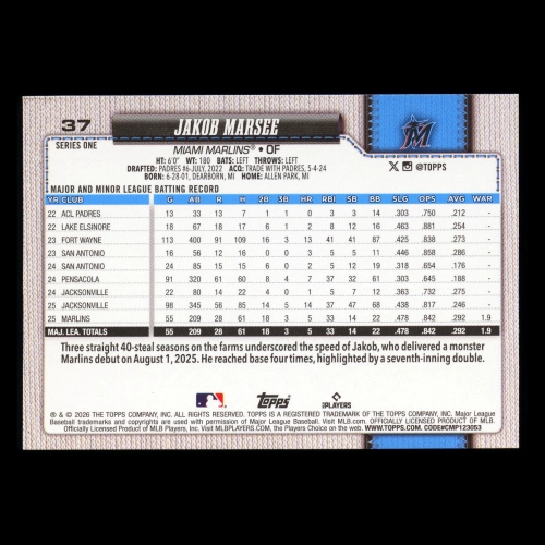 Jakob Marsee RC 2026 Topps All-Star Rookie Marlins