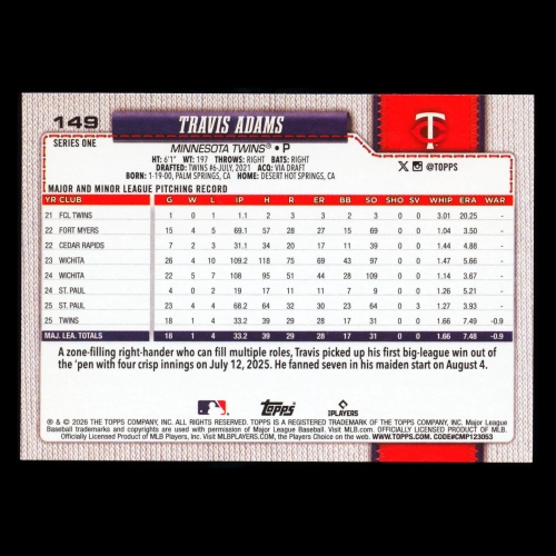 Travis Adams RC 2026 Topps Rookie Twins