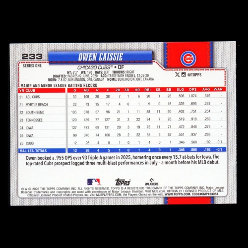 Owen Caissie RC 2026 Topps Rookie Cubs