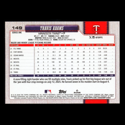 Travis Adams RC 2026 Topps Rookie Twins