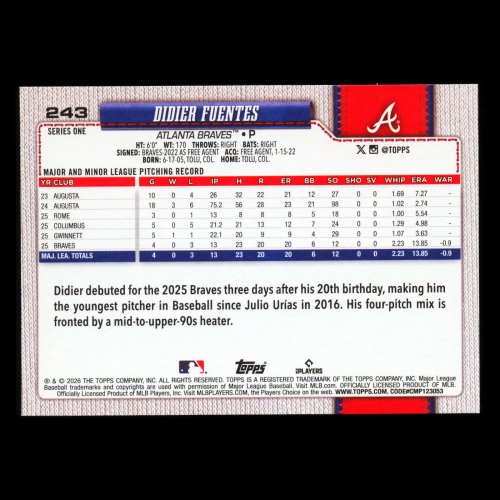 Didier Fuentes RC 2026 Topps Rookie Braves