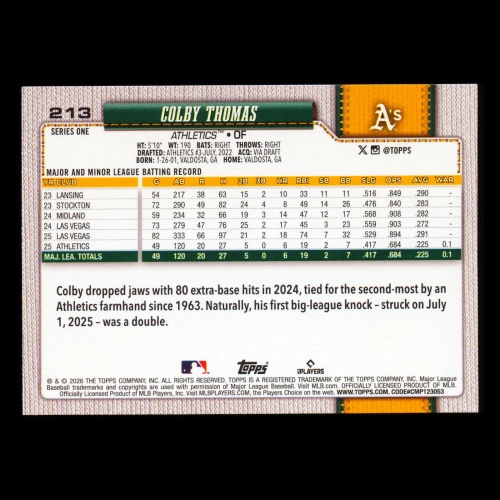 Colby Thomas RC 2026 Topps Rookie Athletics