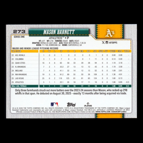 Mason Barnett RC 2026 Topps Rookie Athletics