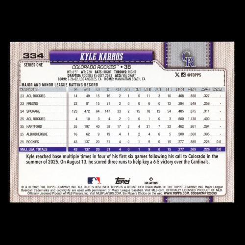 Kyle Karros RC 2026 Topps Rookie Rockies
