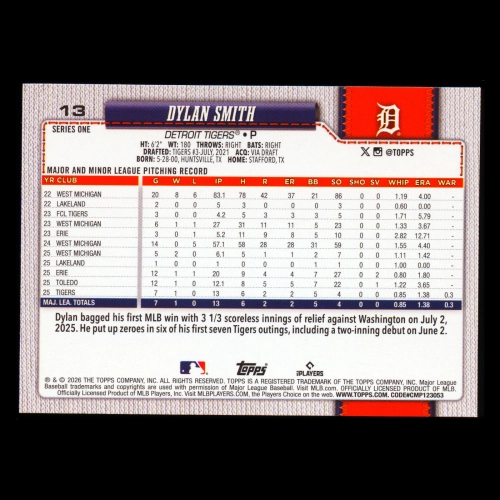 Dylan Smith RC 2026 Topps Rookie Tigers