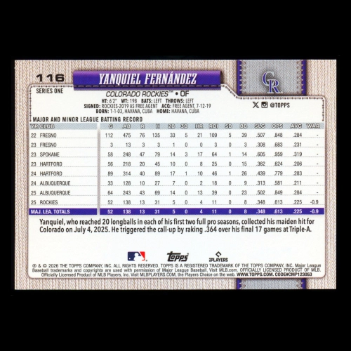 Yanquiel Fernndez RC 2026 Topps Rookie Rockies