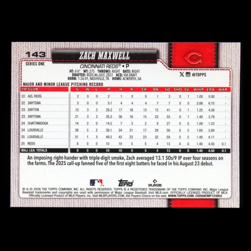 Zach Maxwell RC 2026 Topps Rookie Reds