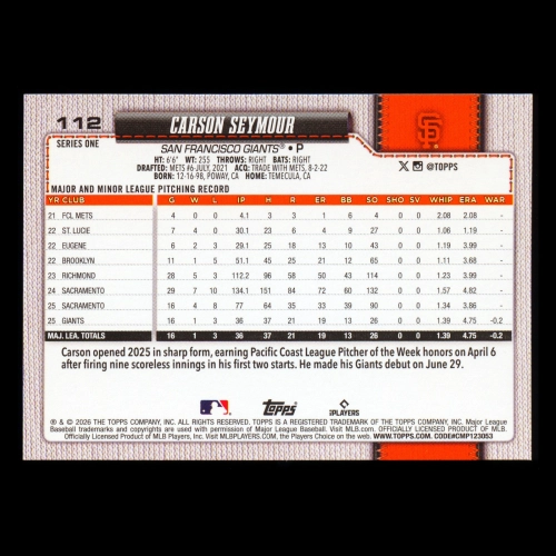 Carson Seymour RC 2026 Topps Rookie Giants