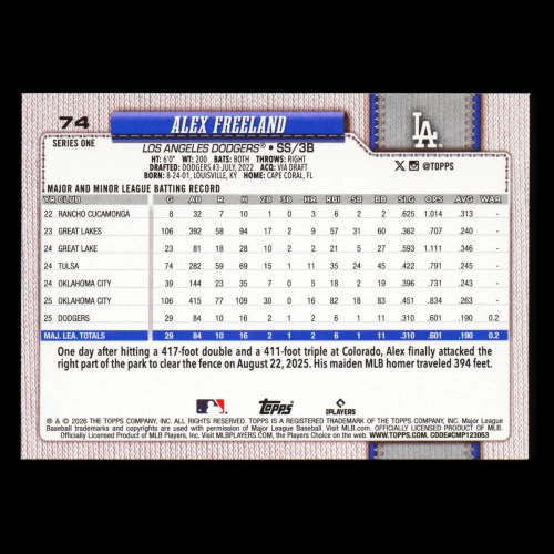 Alex Freeland RC 2026 Topps Rookie Dodgers