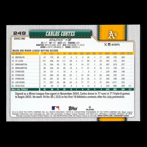 Carlos Cortes RC 2026 Topps Rookie Athletics