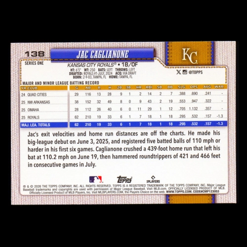 Jac Caglianone RC 2026 Topps Rookie Royals