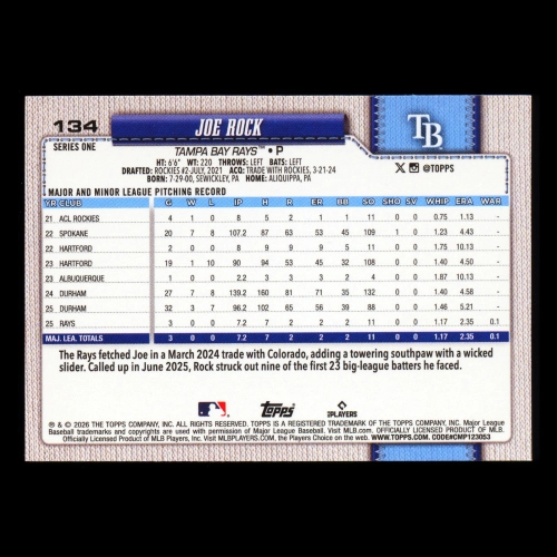 Joe Rock RC 2026 Topps Rookie Rays