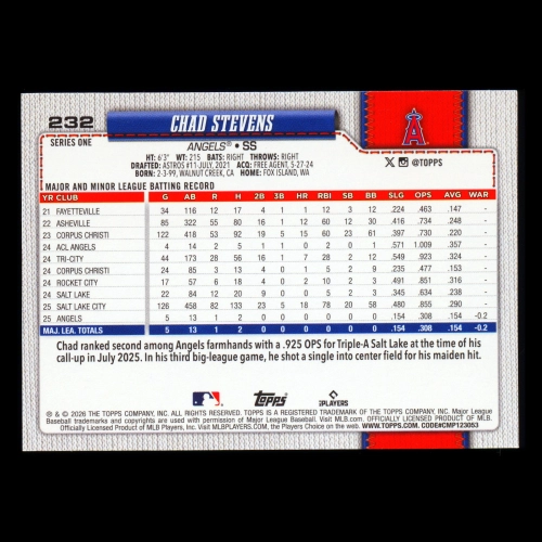 Chad Stevens RC 2026 Topps Rookie Angels