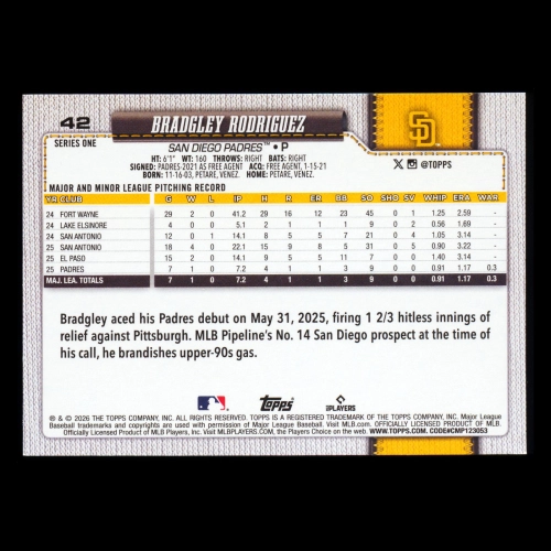 Bradgley Rodriguez RC 2026 Topps Rookie Padres