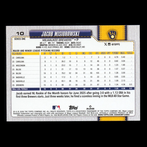 Jacob Misiorowski RC 2026 Topps Rookie Brewers