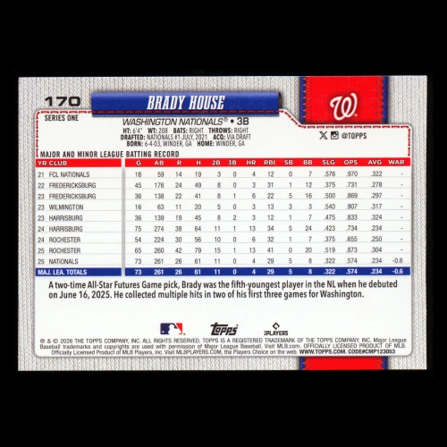 Brady House RC 2026 Topps Rookie Nationals