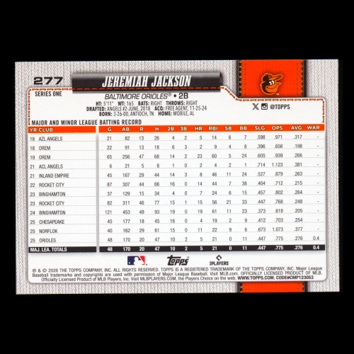 Jeremiah Jackson RC 2026 Topps Rookie Orioles