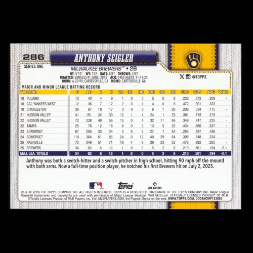 Anthony Seigler RC 2026 Topps Rookie Brewers