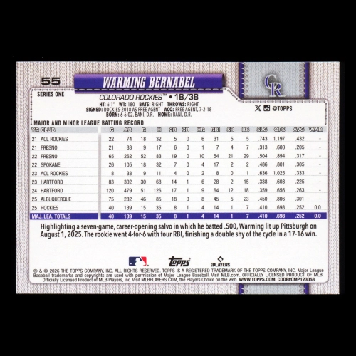 Warming Bernabel RC 2026 Topps Rookie Rockies