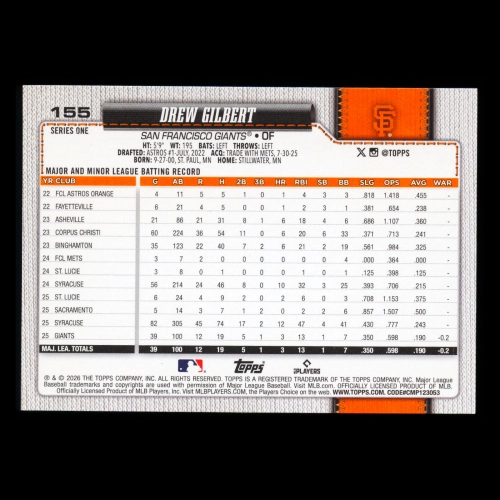 Drew Gilbert RC 2026 Topps Rookie Giants