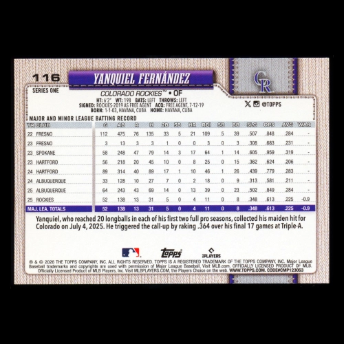 Yanquiel Fernndez RC 2026 Topps Rookie Rockies
