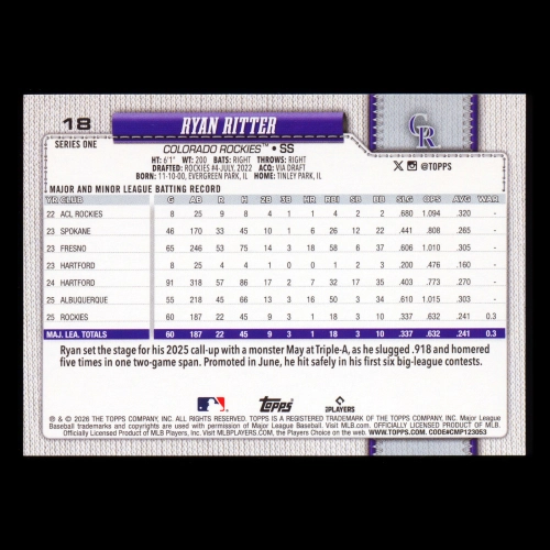 Ryan Ritter RC 2026 Topps Rookie Rockies