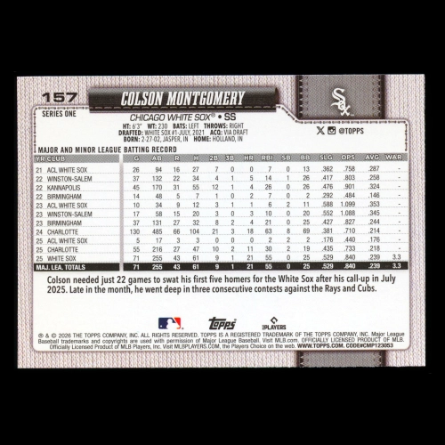 Colson Montgomery RC 2026 Topps Rookie White Sox