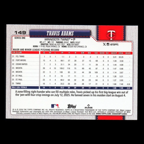 Travis Adams RC 2026 Topps Rookie Twins