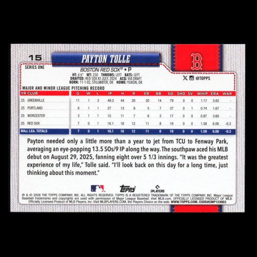 Payton Tolle RC 2026 Topps Rookie Red Sox