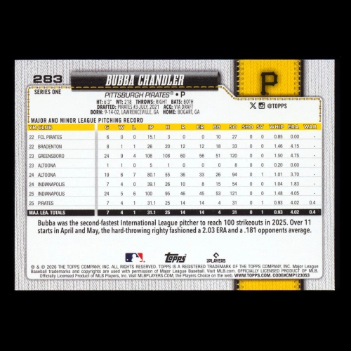 Bubba Chandler RC 2026 Topps Rookie Pirates