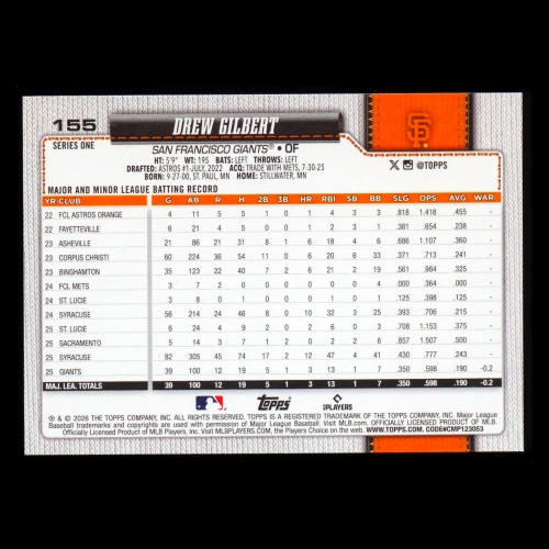 Drew Gilbert RC 2026 Topps Rookie Giants