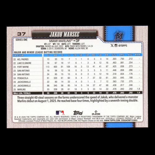 Jakob Marsee RC 2026 Topps All-Star Rookie Marlins