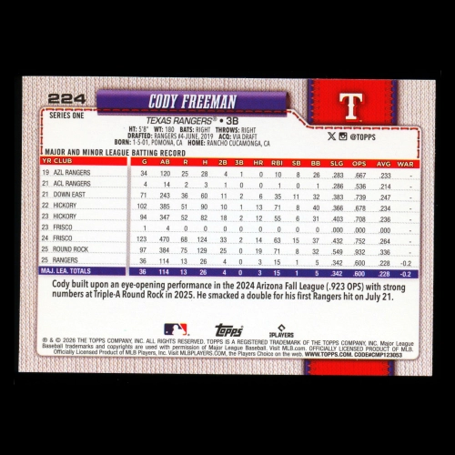 Cody Freeman RC 2026 Topps Rookie Rangers