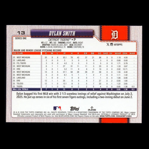 Dylan Smith RC 2026 Topps Rookie Tigers