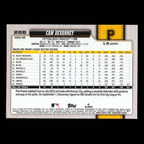 Cam Devanney RC 2026 Topps Rookie Pirates