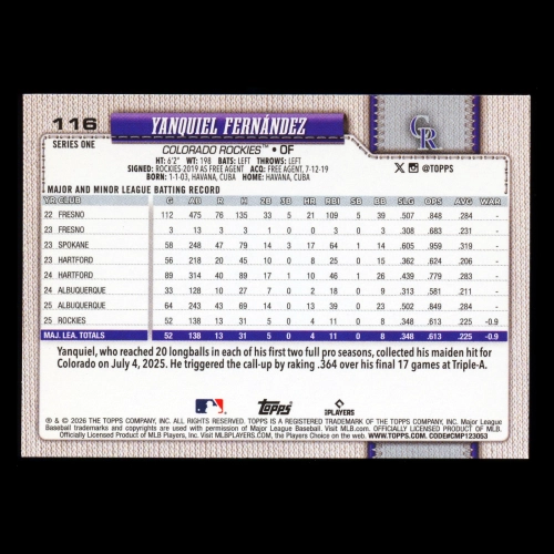Yanquiel Fernndez RC 2026 Topps Rookie Rockies