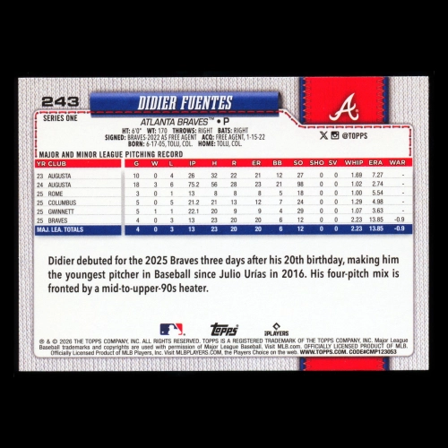 Didier Fuentes RC 2026 Topps Rookie Braves