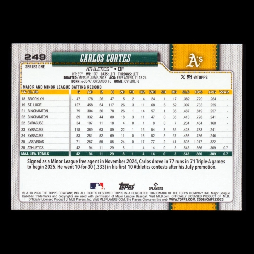 Carlos Cortes RC 2026 Topps Rookie Athletics