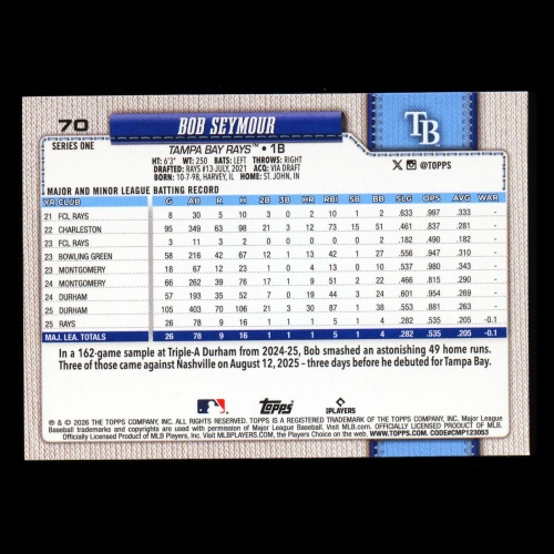 Bob Seymour RC 2026 Topps Rookie Rays