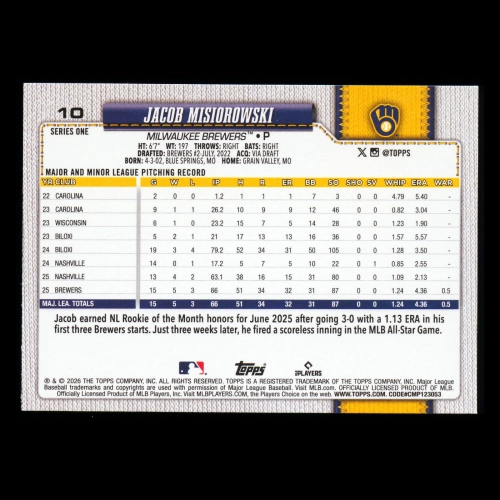 Jacob Misiorowski RC 2026 Topps Rookie Brewers