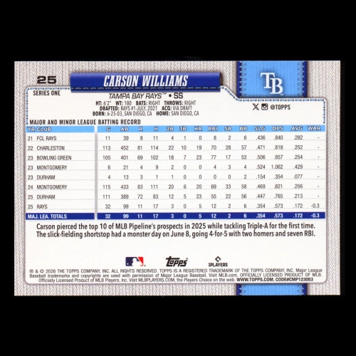 Carson Williams RC 2026 Topps Rookie Rays