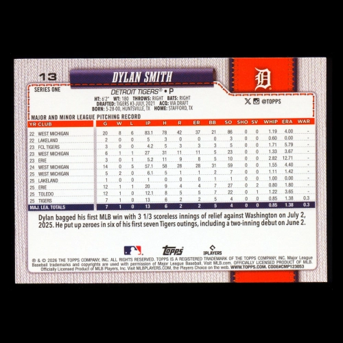 Dylan Smith RC 2026 Topps Rookie Tigers