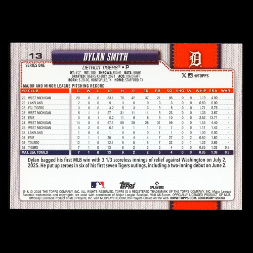 Dylan Smith RC 2026 Topps Rookie Tigers