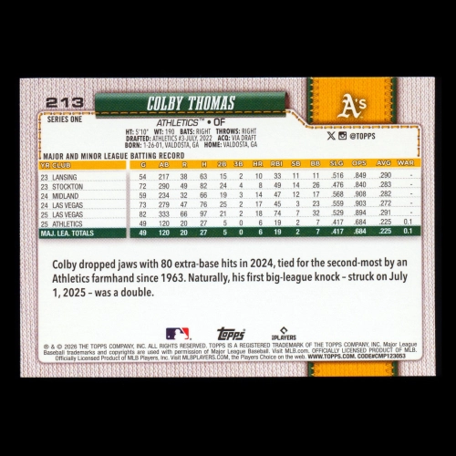 Colby Thomas RC 2026 Topps Rookie Athletics
