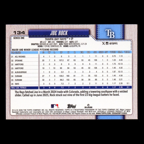 Joe Rock RC 2026 Topps Rookie Rays