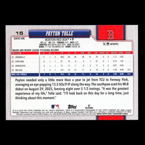 Payton Tolle RC 2026 Topps Rookie Red Sox