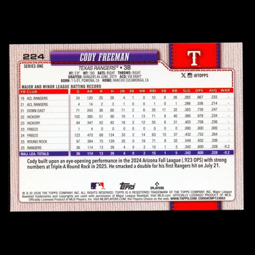 Cody Freeman RC 2026 Topps Rookie Rangers