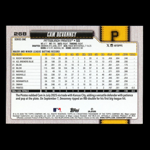 Cam Devanney RC 2026 Topps Rookie Pirates