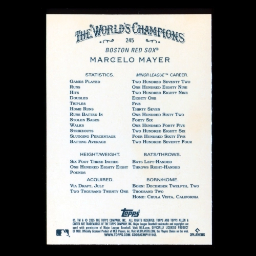 Marcelo Mayer RC 2025 Allen & Ginter Silver Rookie Red Sox